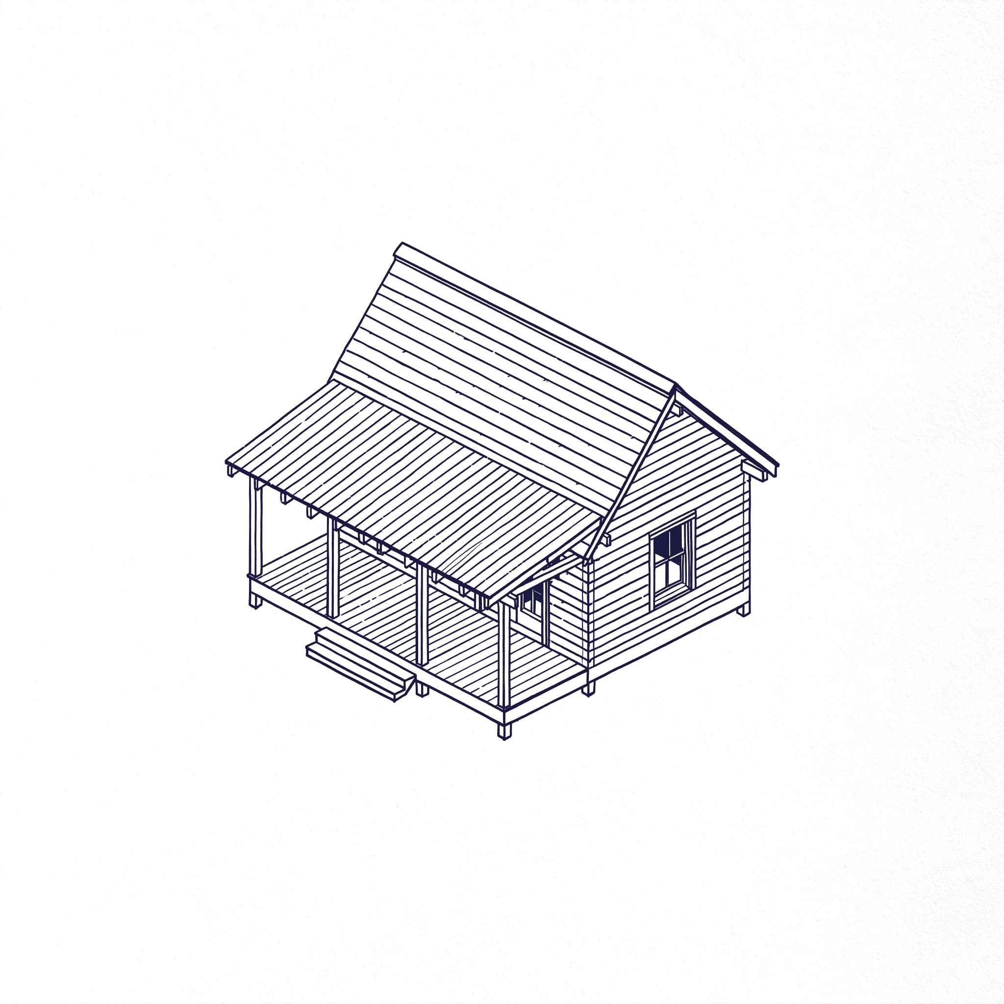 Isometric line drawing of a small timber cottage with a gable roof and covered porch