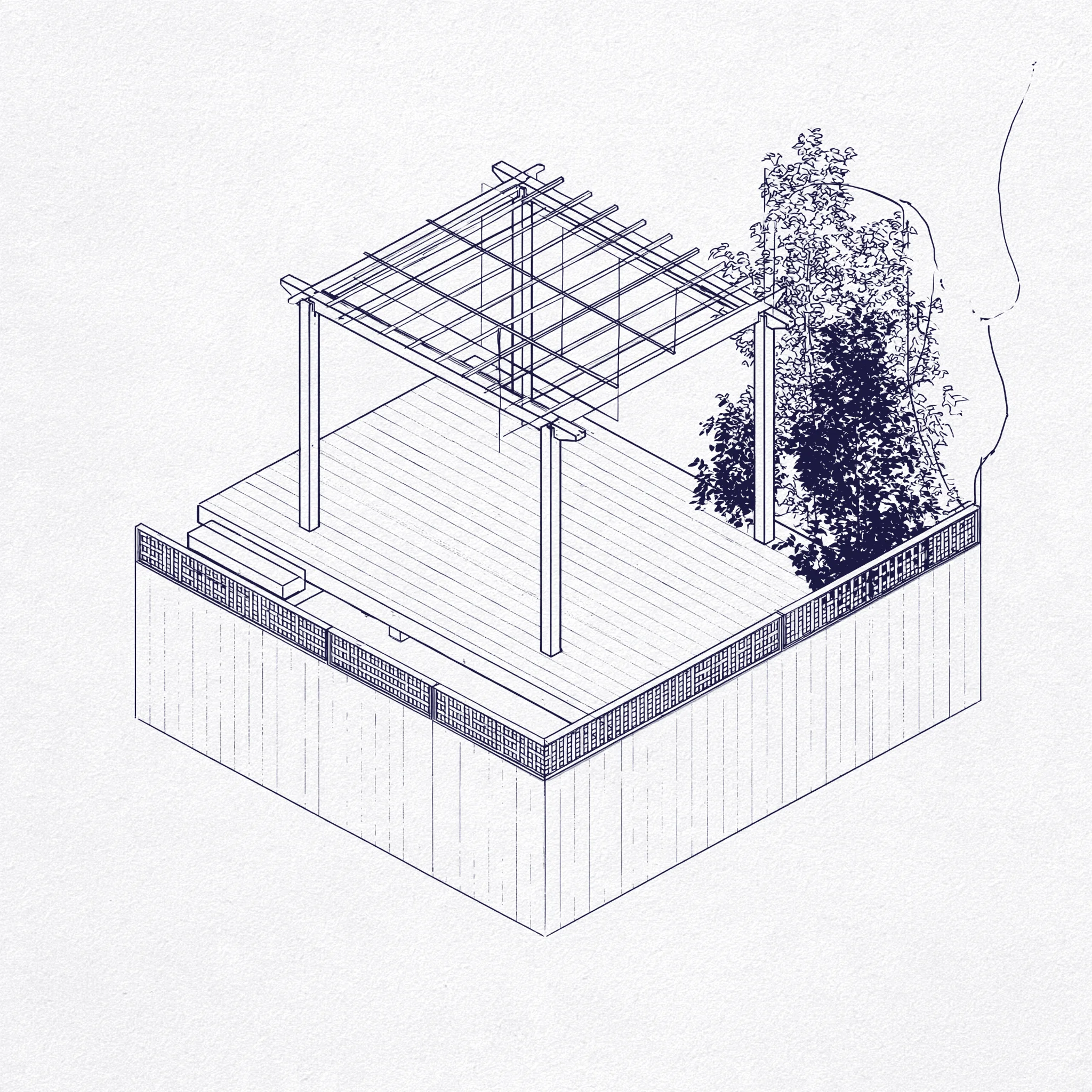 Isometric line drawing of a backyard deck with a pergola and lattice-top fence