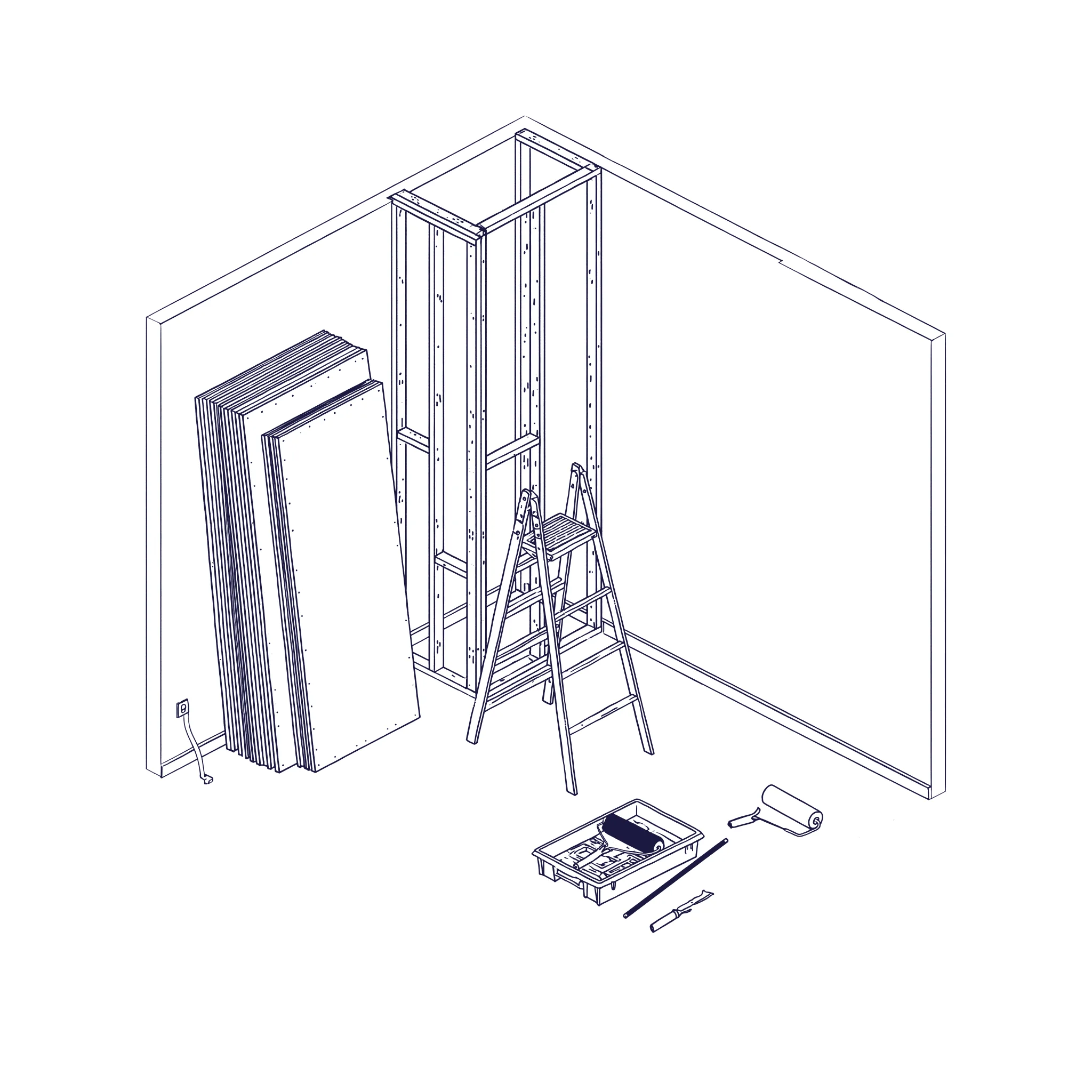 Isometric line drawing of a room mid-renovation with drywall sheets, a stepladder and a paint roller