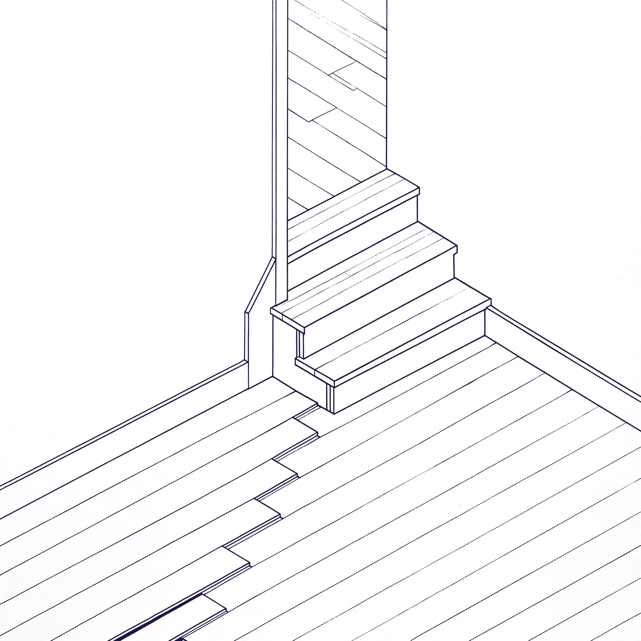 Isometric line drawing of hardwood planks being laid beside a staircase