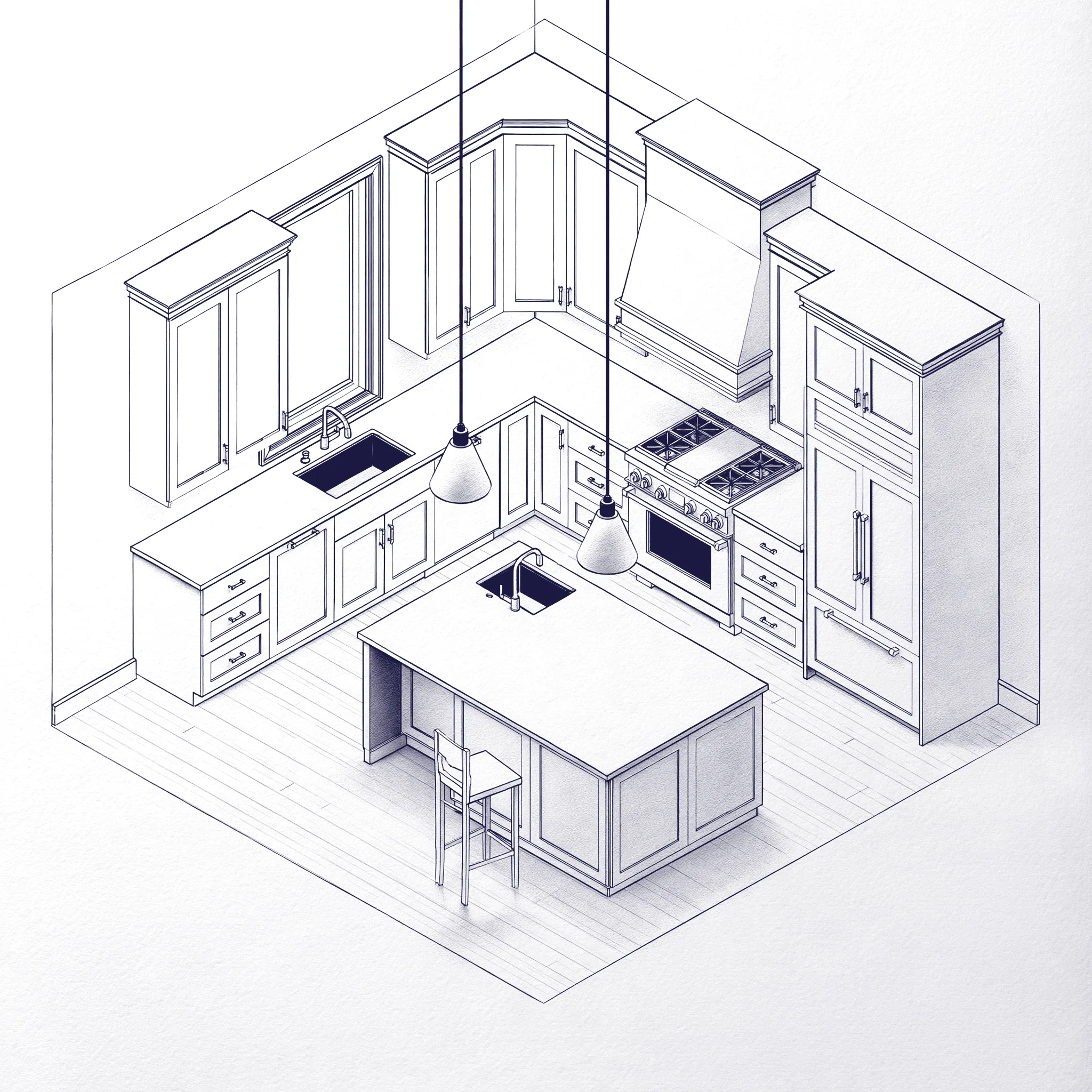 Isometric line drawing of a kitchen with an island and pendant lights