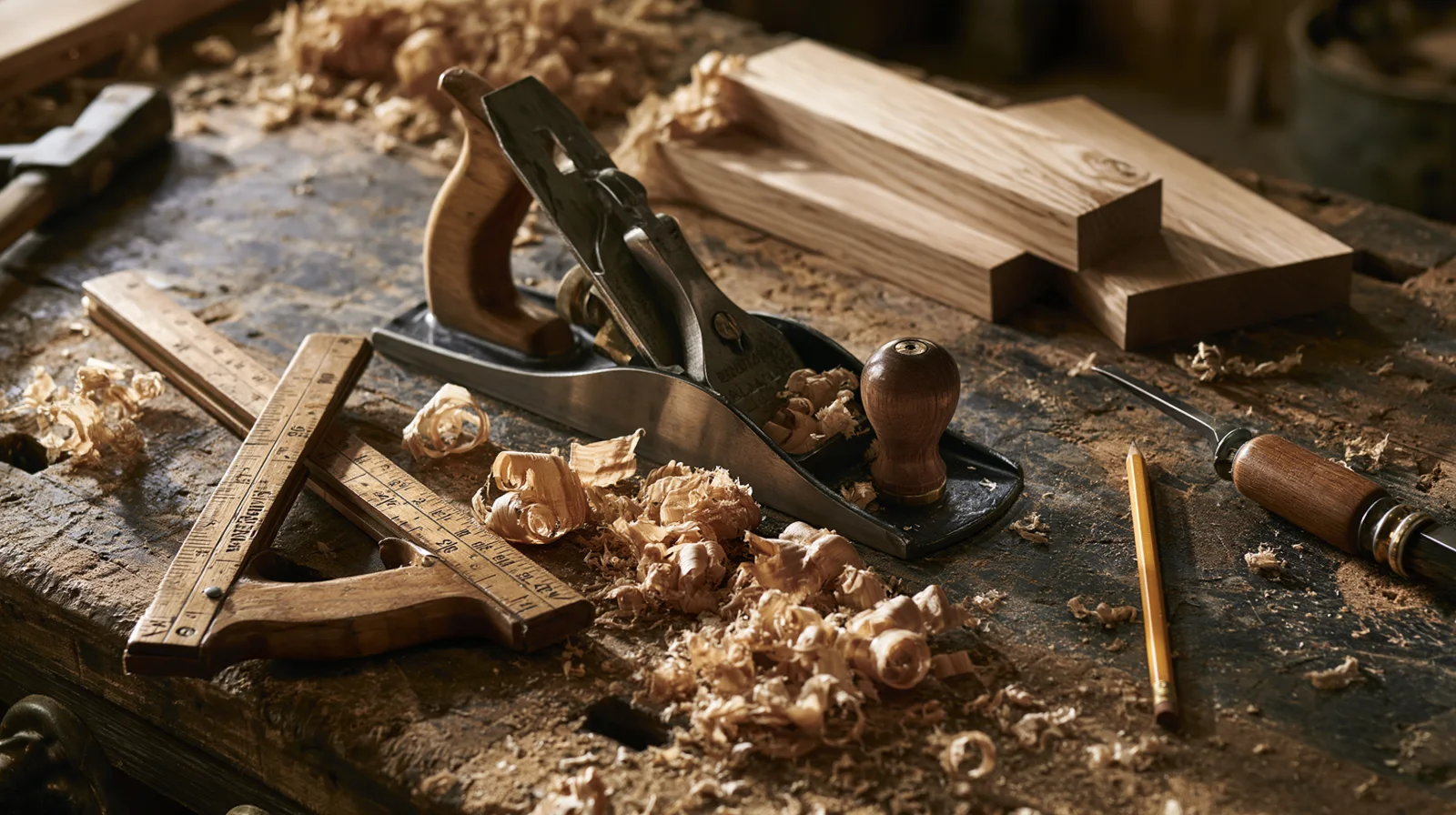 A carpenter's workbench with a hand plane, folding rule, pencil and curled oak shavings