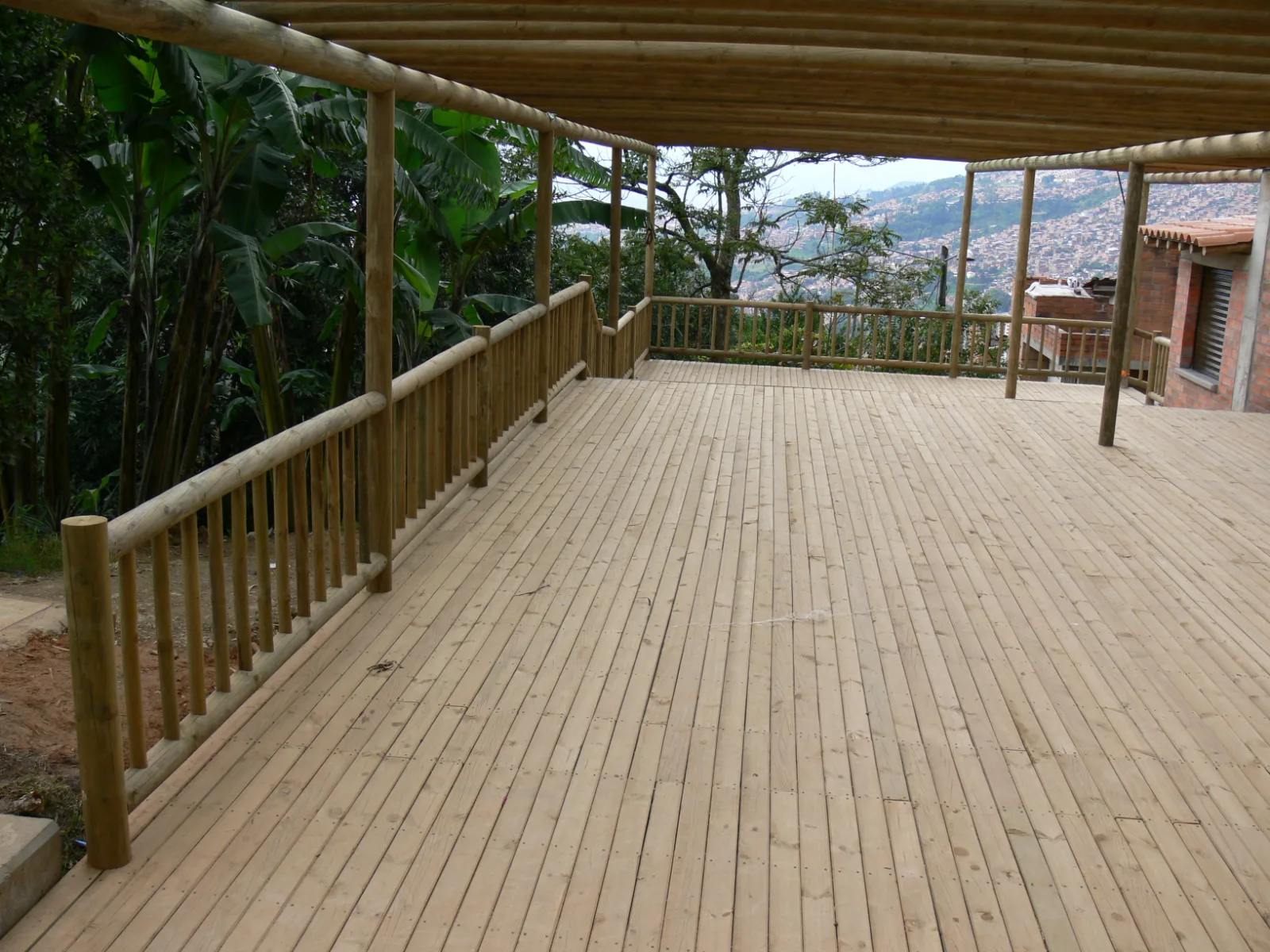 Covered deck with a mountain view