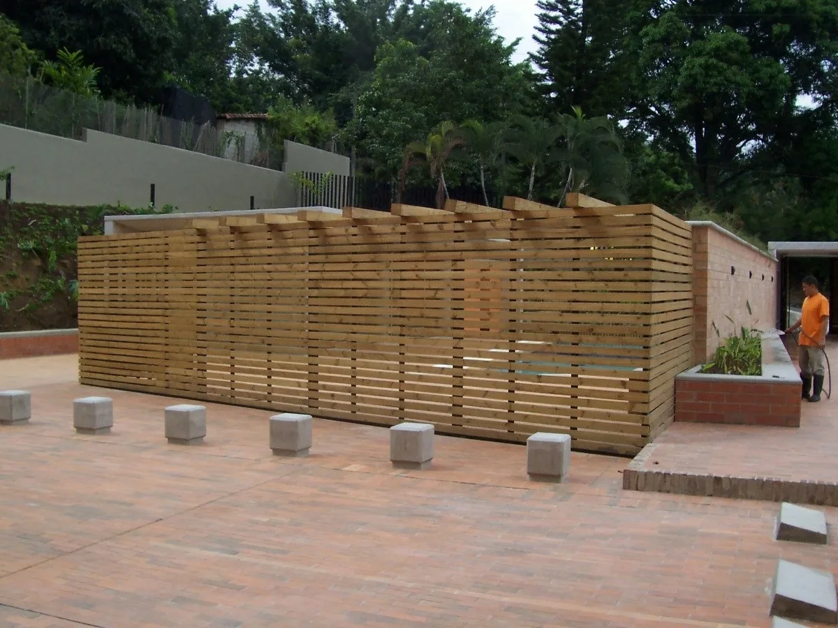 Timber slat pavilion on a stone patio
