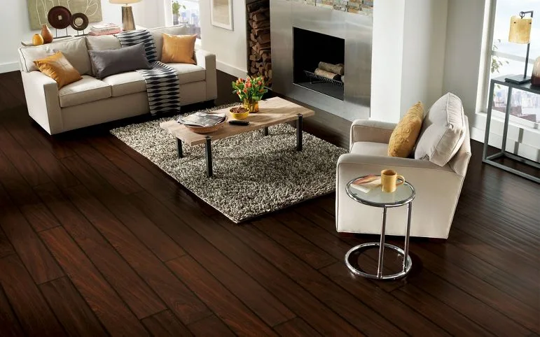 Living room with dark hardwood floors and a modern fireplace