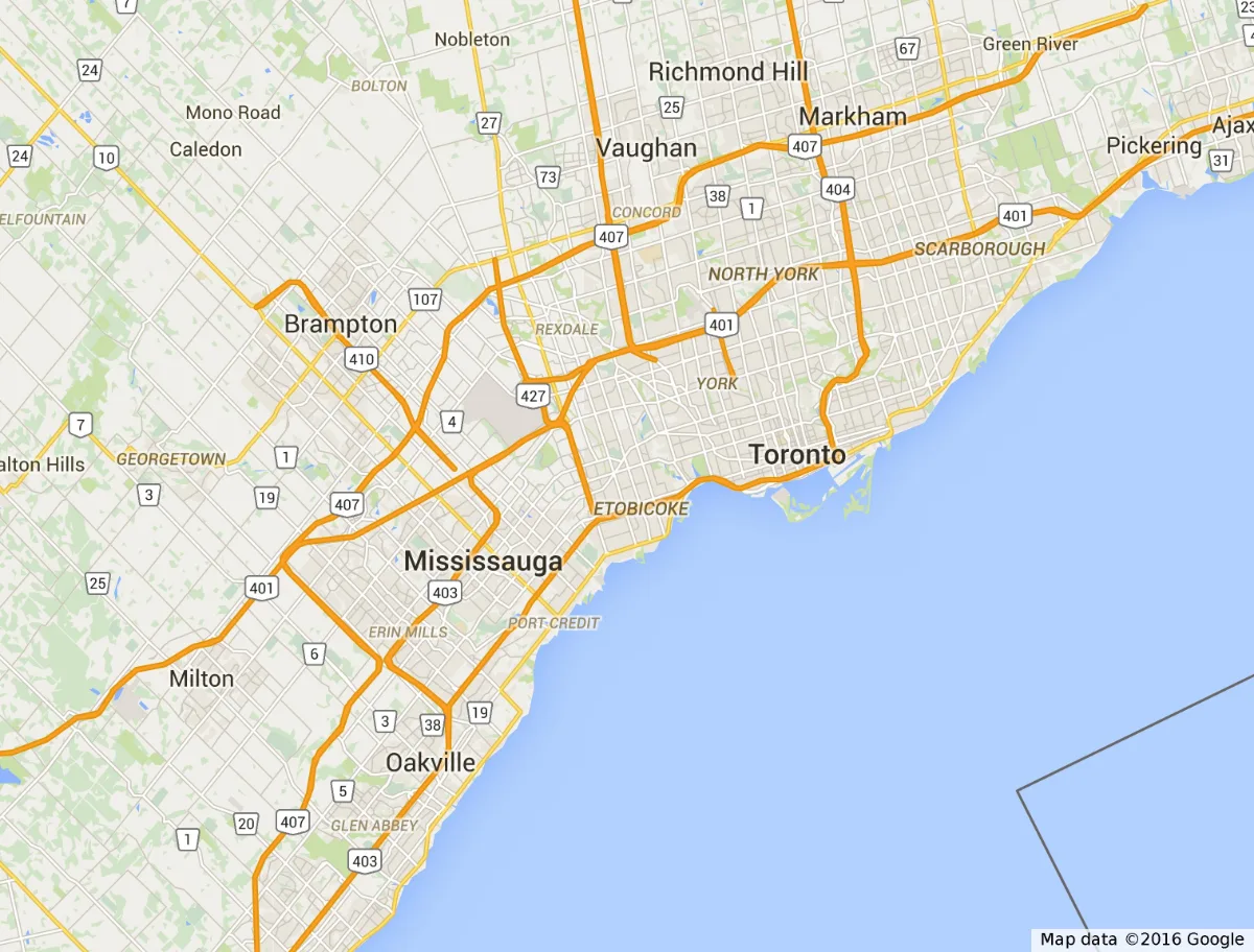 Map of the Greater Toronto Area showing the service region from Milton and Oakville to Pickering and Richmond Hill